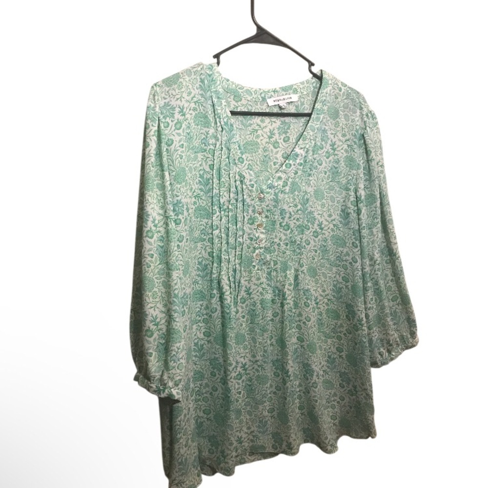 Rise & Olive Light Green Floral V-Neck Blouse - Women Tops